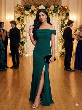 Windsor Off-Shoulder Emerald Evening Gown with Thigh Slit